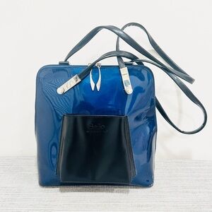 Beijo Blue Patent Leather Shoulder Bag Black Trim Silver Hardware Vintage Style
